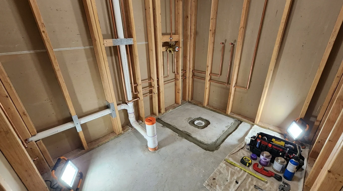 Bathroom rough-in plumbing during remodel by Johns Plumbing LLC in Clarence