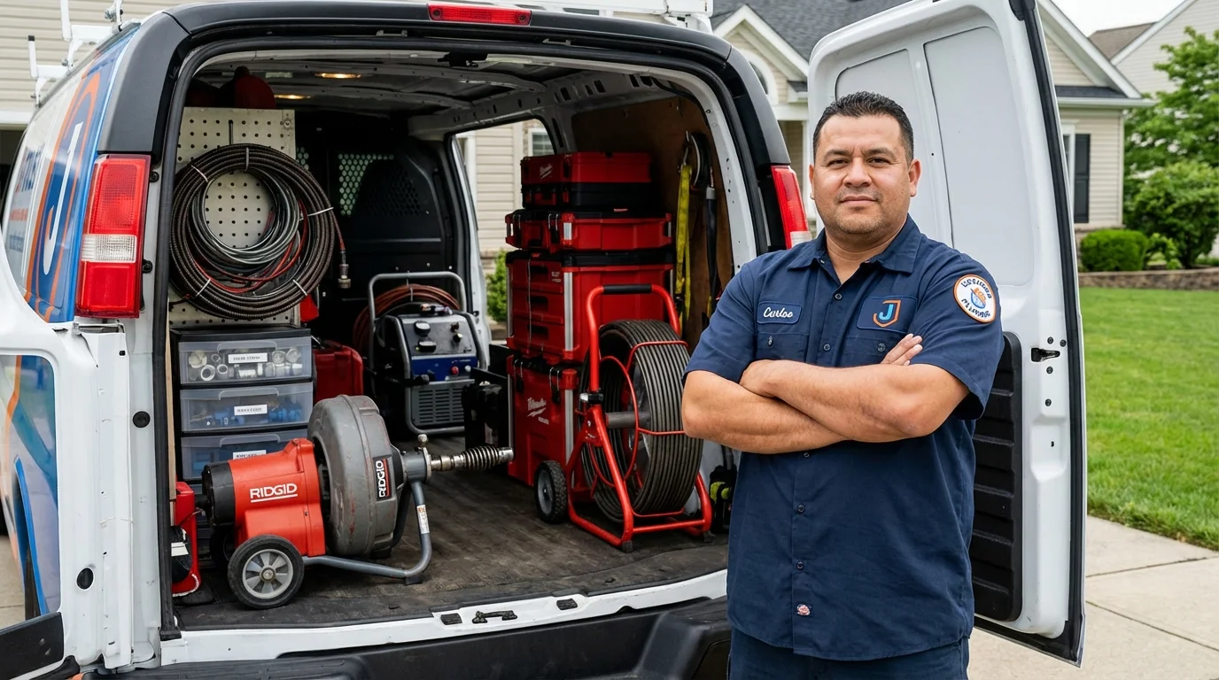 Professional drain cleaning equipment and Johns Plumbing LLC plumber in Clarence