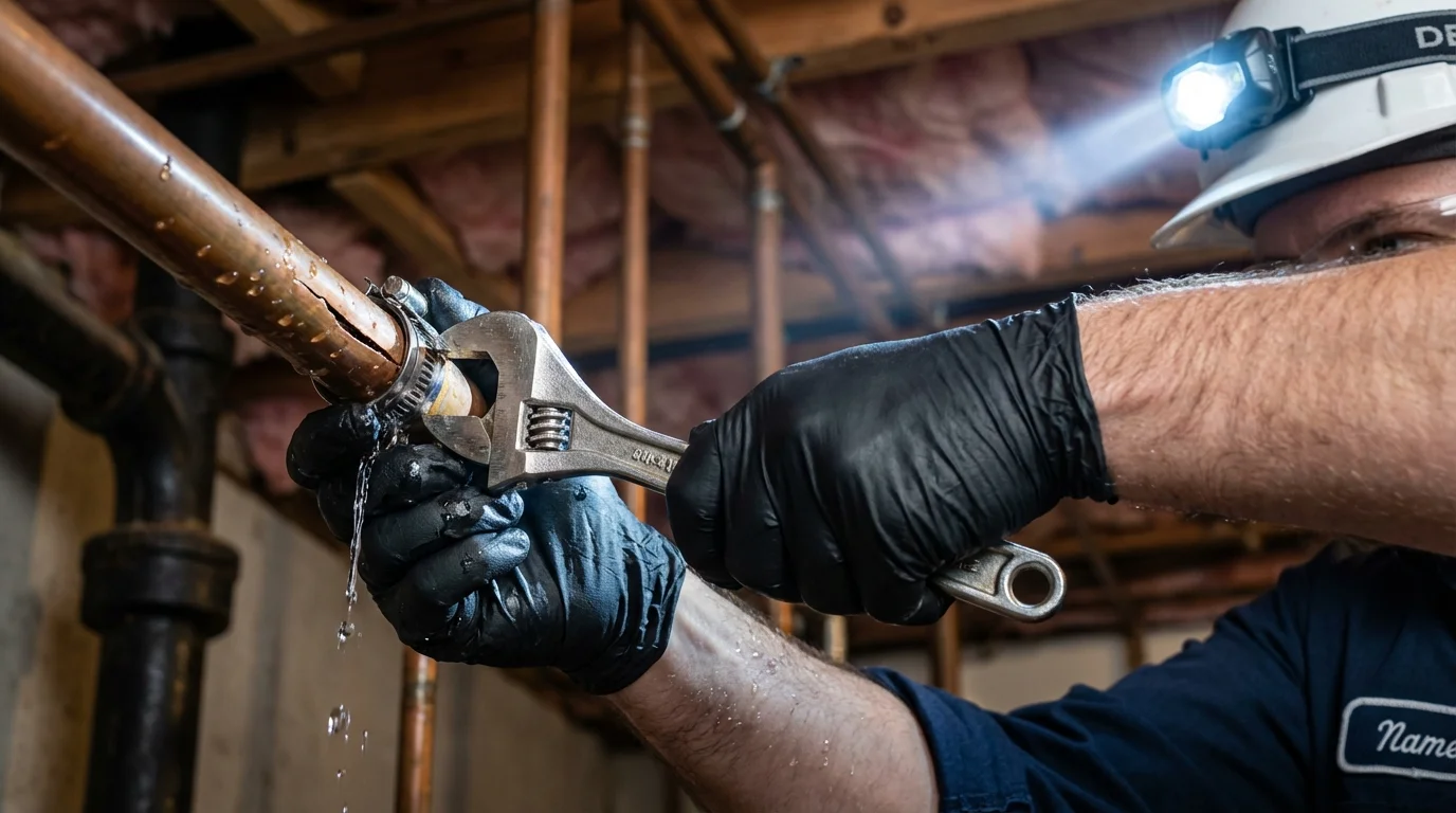 Emergency pipe clamp repair being performed by a Johns Plumbing LLC plumber in Clarence