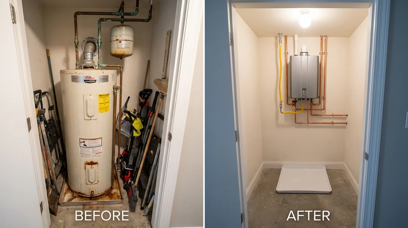 Tank water heater versus wall-mounted tankless unit comparison for Clarence, NY homeowners