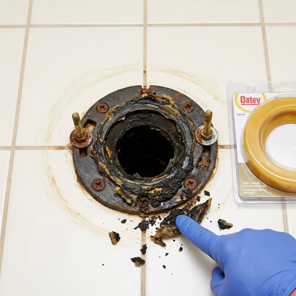 Failed wax ring showing water seepage at the base of a toilet in a Clarence, NY home